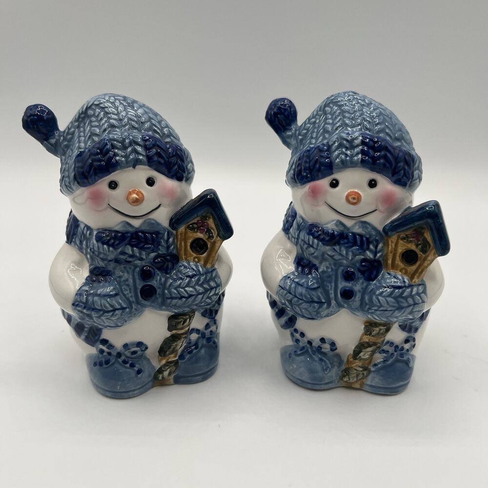Vintage Ceramic Snowman Salt & Pepper Shakers Set – Blue Knit Hats Birdhouse EUC